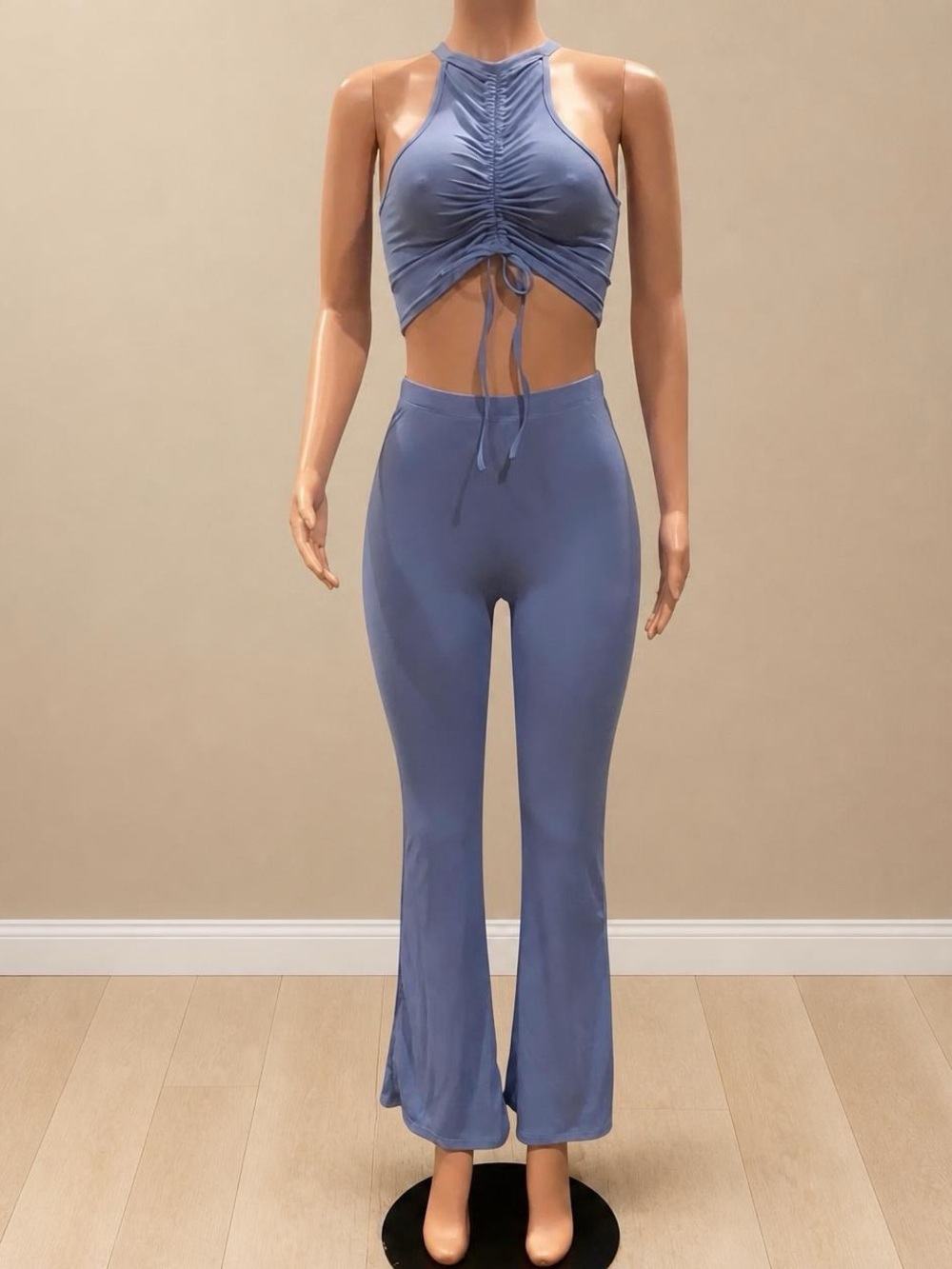 Diva Boutique Blue Ribbed 2 Piece Set Ruched Crop Top Flare Pants Small NWT